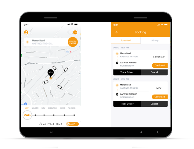 App booking and tracking screens.